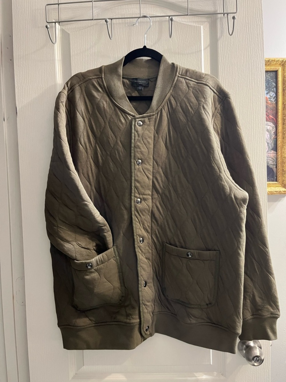 Magaschoni Men Quilted Snap Button Jacket Olive Band Collar Size L Casual